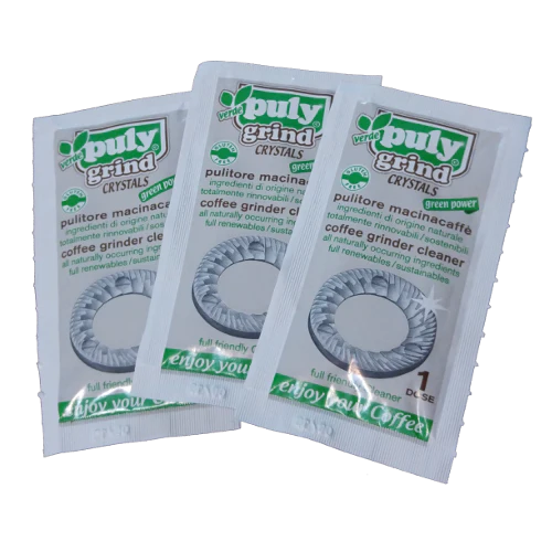 3 שקיות עם חומר קריסטלי של חברת Puly לניקוי מטחנת קפה